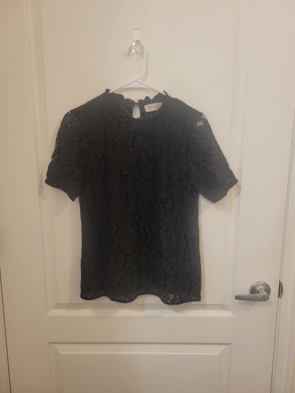 Women's Black Lace Short Sleeve Blouse - Classic Floral Overlay